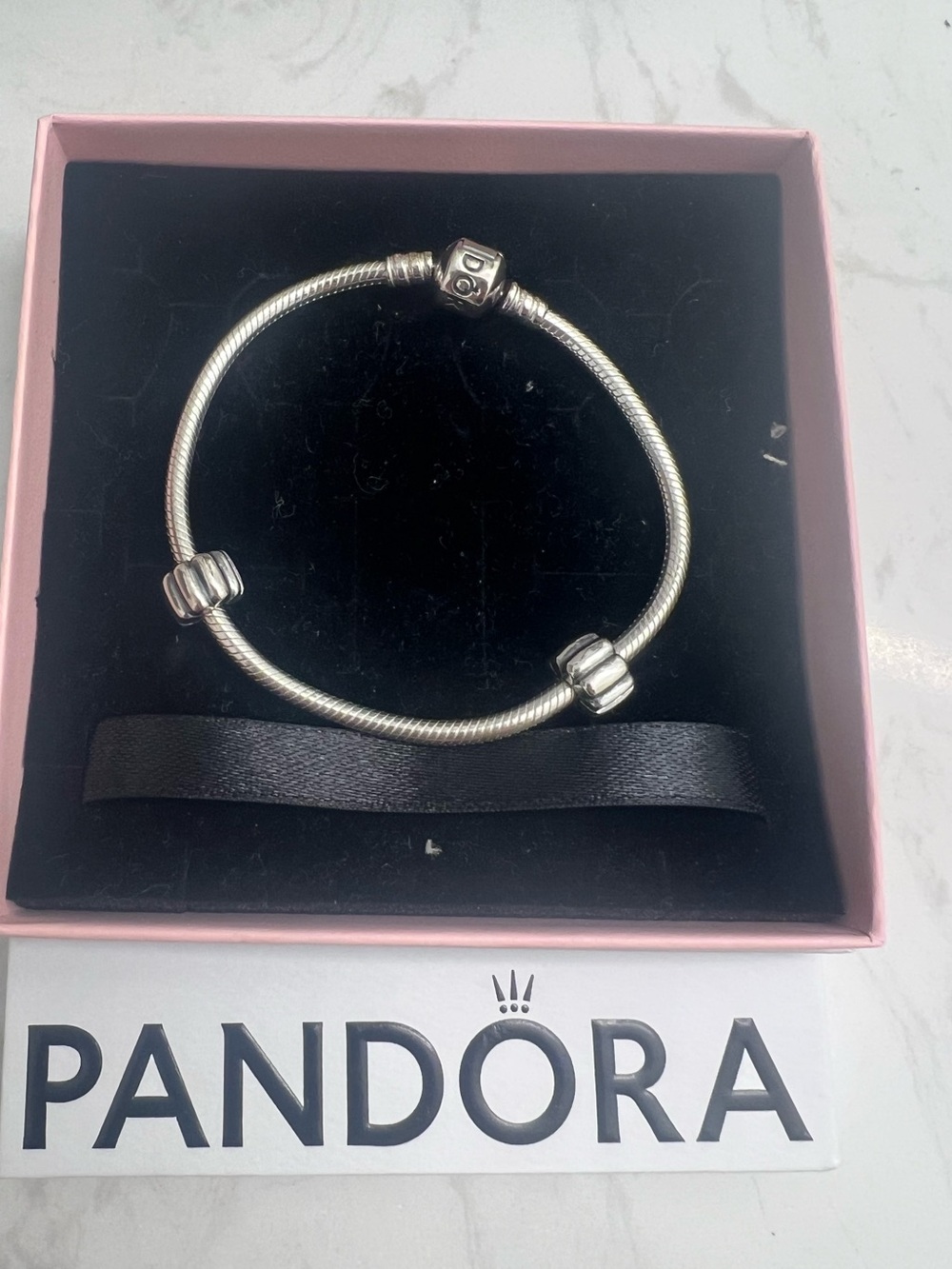 Pandora Snake Chain Silver Bracelet with Two Ribbed Silver Clips